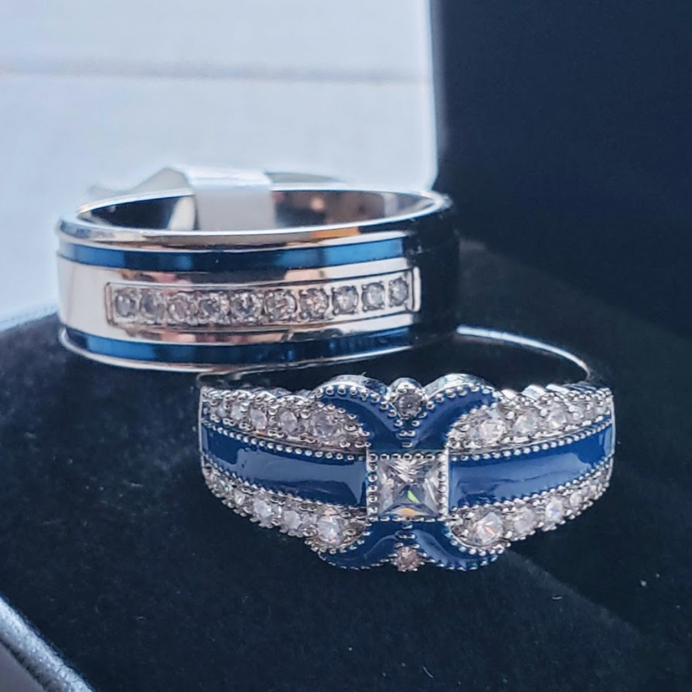 Thin Blue Line Police Ems Wedding Ring Couples Set - Gem
